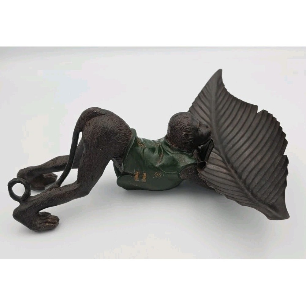 Whimsical Metal Monkey Banana Leaf Holder Metal 10" Long Statue